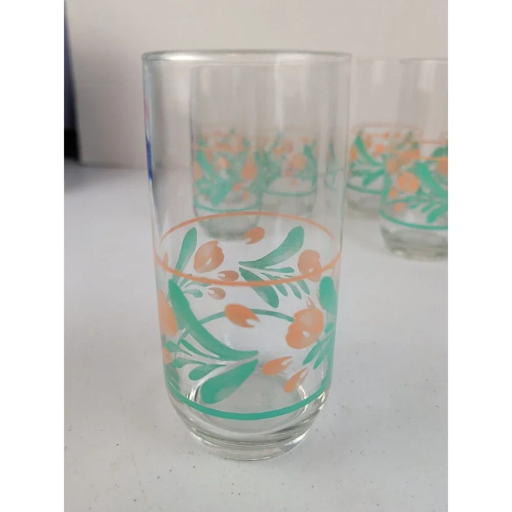 Libbey 17 Ounce  Ice Tea Glasses Clear with Teal And Peach Design MCM Set of 7